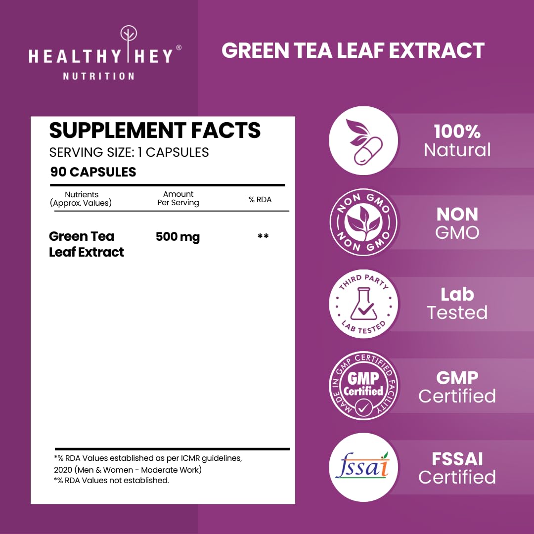 Green Tea Leaf Extract supplement label with Healthy Hey Nutrition branding on a purple background