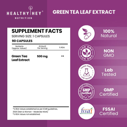 Green Tea Leaf Extract supplement label with Healthy Hey Nutrition branding on a purple background