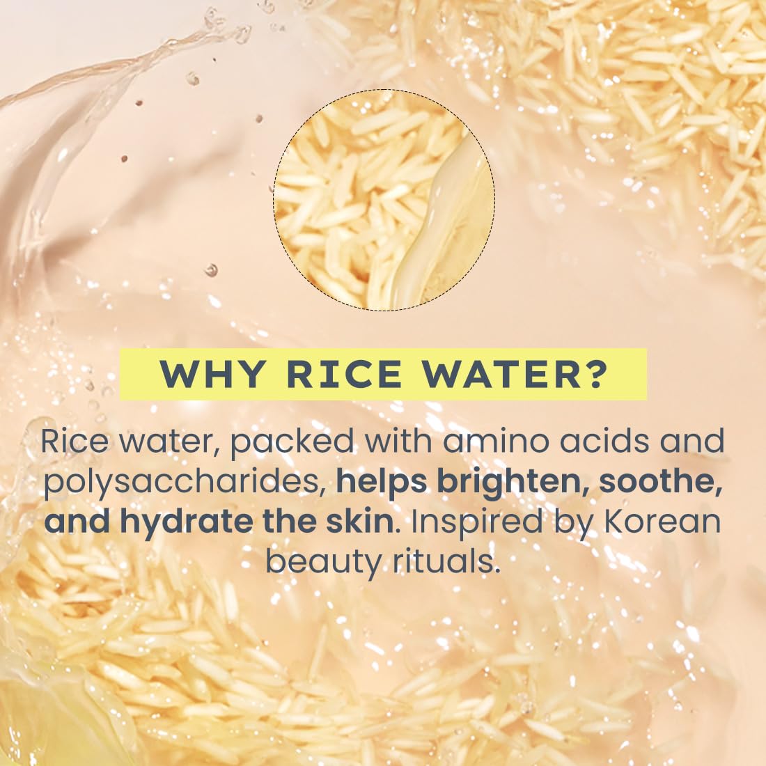 Text explaining the benefits of rice water for skin care, with a close-up of rice grains.