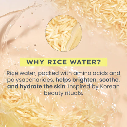 Text explaining the benefits of rice water for skin care, with a close-up of rice grains.