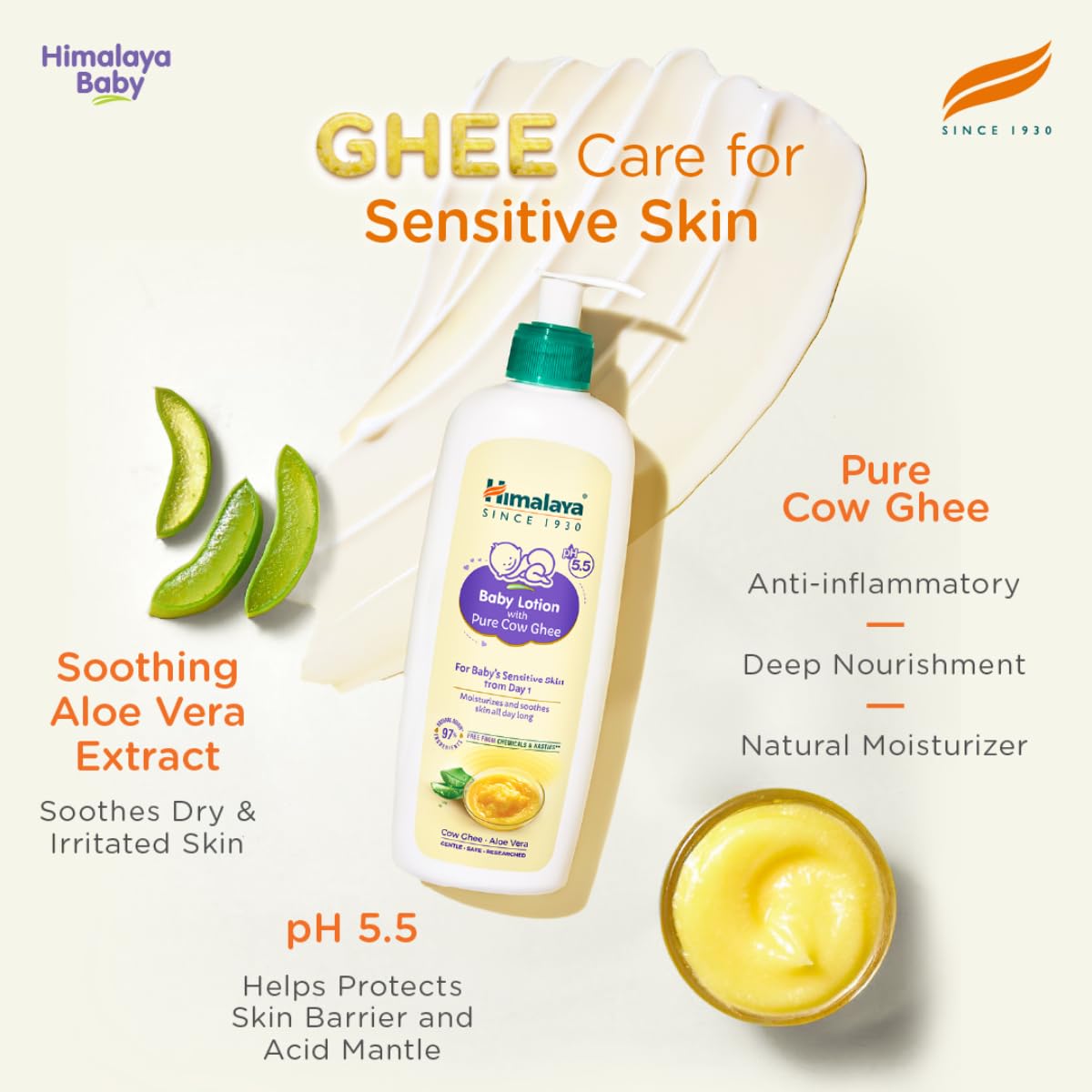 Himalaya Baby Ghee product with aloe vera extract and benefits on a light background