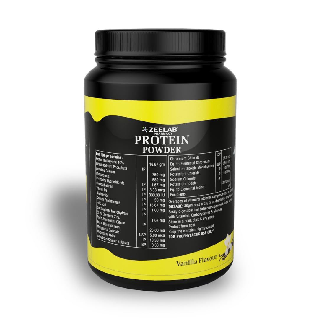 Protein powder container with black and yellow label on a white background