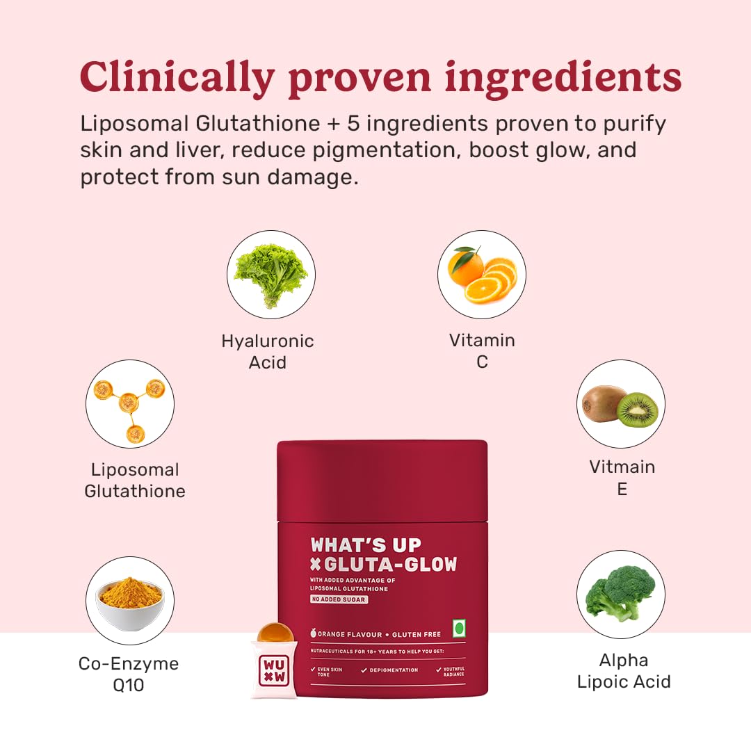 What's Up Wellness Gluta-Glow Gummies | Liposomal Glutathione Supplement with Vitamin C for Radiant Skin Tone | Depigmentation | Detoxification | 15 Days | Men & Women | No Added Sugar