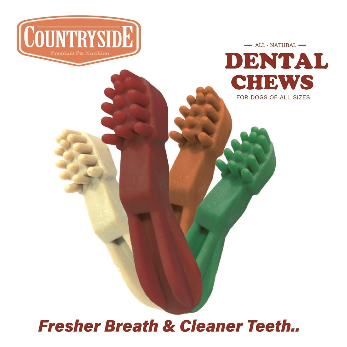 COUNTRYSIDE Dog Dental Chews Treats 250g – Chicken Flavor | Brush-Shaped Chews for Dogs, Oral & Gum Care for Dogs | Fights Plaque & Tartar | Freshens Breath | Calcium Enriched & Gluten Free