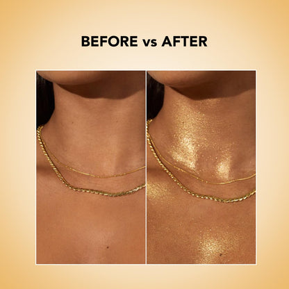 Before and after comparison of a gold necklace on a person's neck against a beige background.