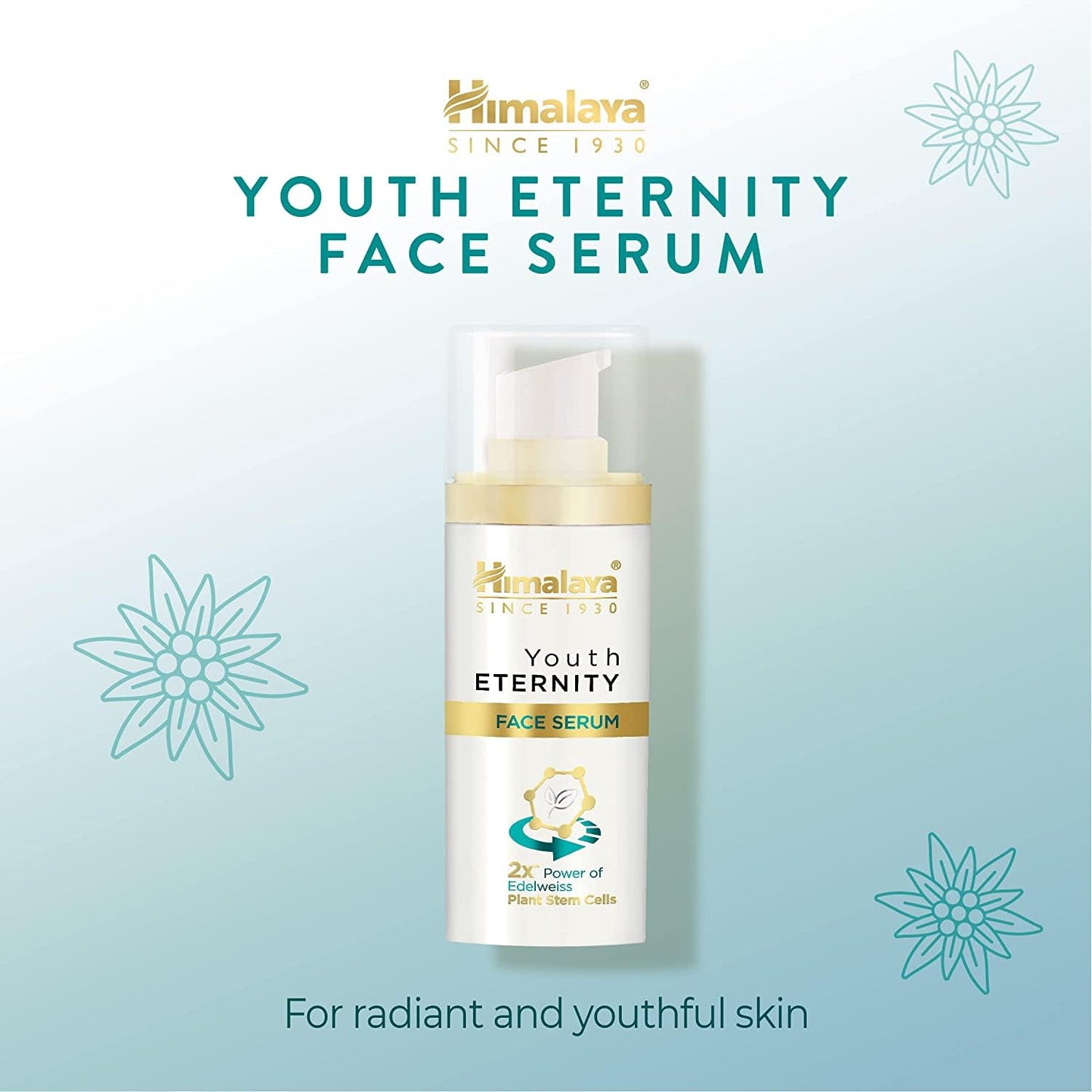 Himalaya Youth Eternity Face Serum on a light blue background with decorative elements.
