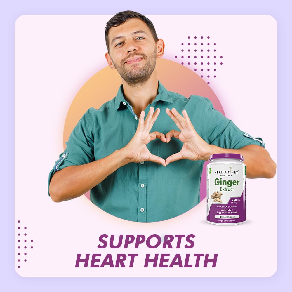 Man making a heart shape with his hands, with a bottle of Healthy Net Ginger Extract on a purple background