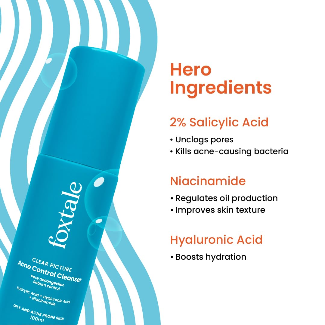 Foxtale 2% Salicylic Acid Face Wash for Oily & Acne Prone Skin, Controls Oil & Kills Acne Causing Bacteria, Acne Control Cleanser for Men & Women - 100 ml