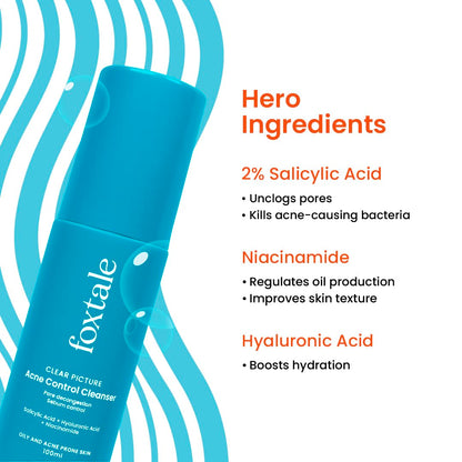 Foxtale 2% Salicylic Acid Face Wash for Oily & Acne Prone Skin, Controls Oil & Kills Acne Causing Bacteria, Acne Control Cleanser for Men & Women - 100 ml