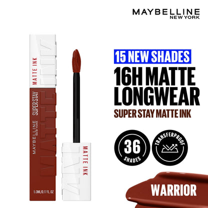 Maybelline New York Superstay Matte Ink Liquid Lipstick, Warrior | No budge bold color for 16H | Transferproof, Waterproof, Foodproof | Brown skin friendly