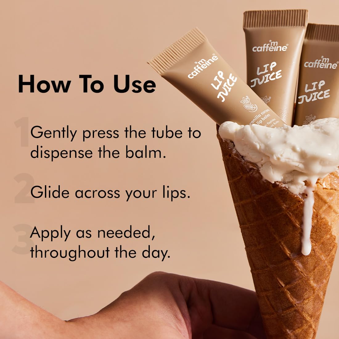 Lip balm packaging with application instructions on a beige background
