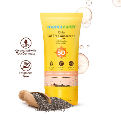 Mamaearth Chia Oil-Free Sunscreen with Chia Seed & Ceramides for Hydrated Glow & Sun Protection - 50g | SPF50 PA++++ | Oil-Free Formula for Normal to Oily Skin | UVA/B Protection | Tan Protection | No White Cast | InVivo Tested | Healthy Skin Barrier