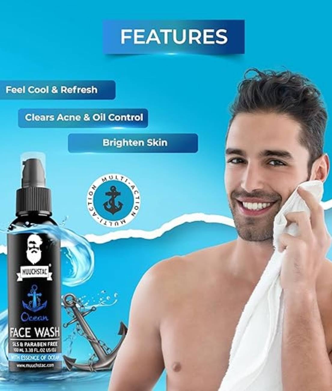 Muuchstac Ocean Face Wash for Men | Fight Acne & Pimples, Brighten Skin, Clears Dirt, Oil Control, Refreshing Feel - Multi-Action Formula (100 ml)