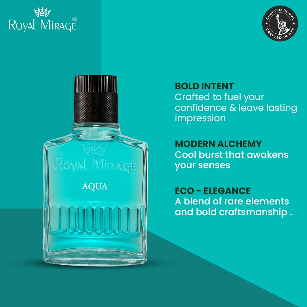 Blue bottle of Royal Mirage Aqua on a teal background with brand description text.