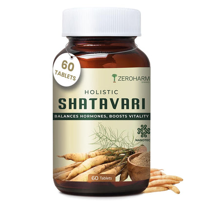ZEROHARM Holistic Shatavari Supplement - Nano Formulated Shatavari Root Extract Powder for Hormonal Balance & Lactation Support - PCOS PCOD, PMS & Menopause Wellness for Women - 60 Tablets