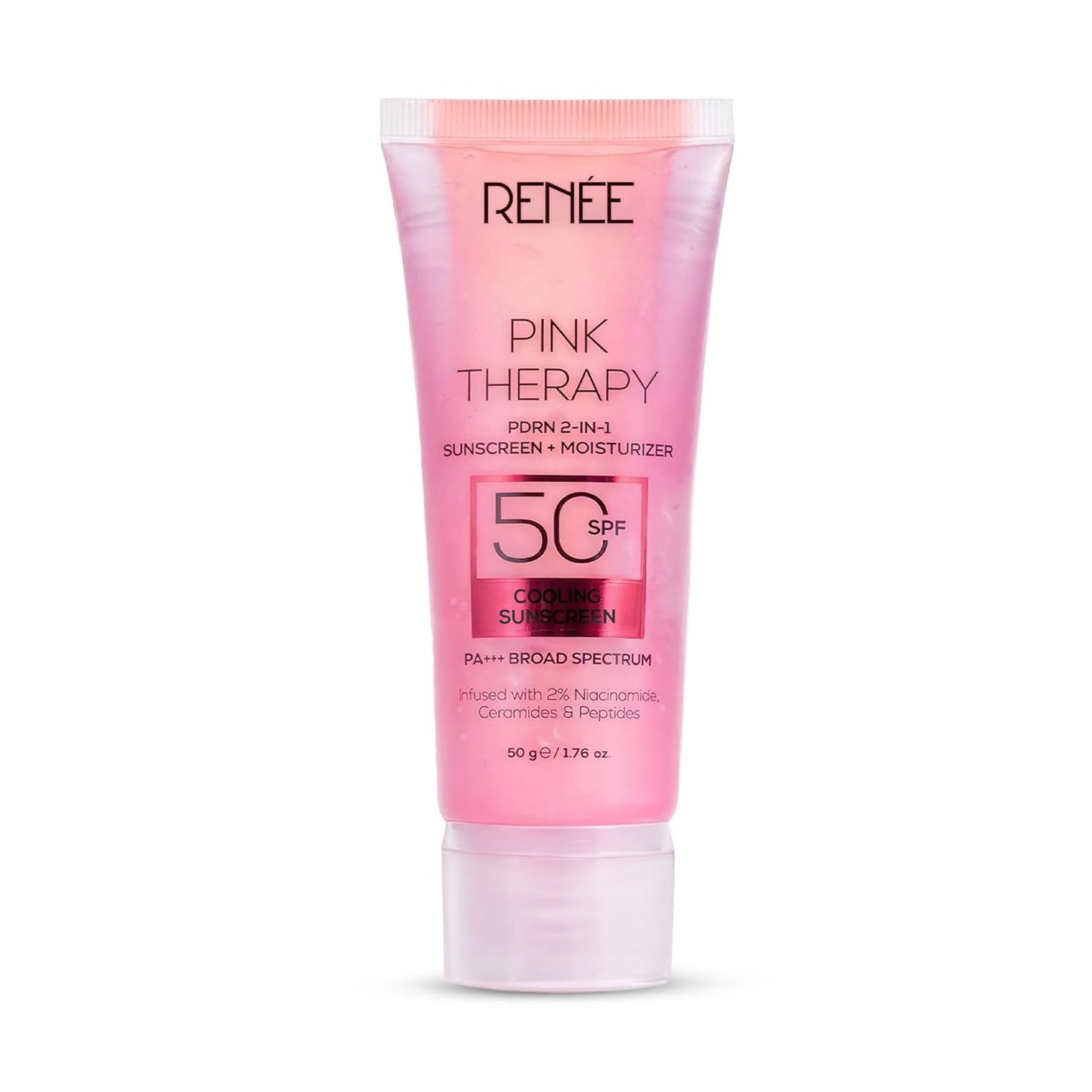 Pink sunscreen tube labeled 'Rénèe Pink Therapy' on a white background