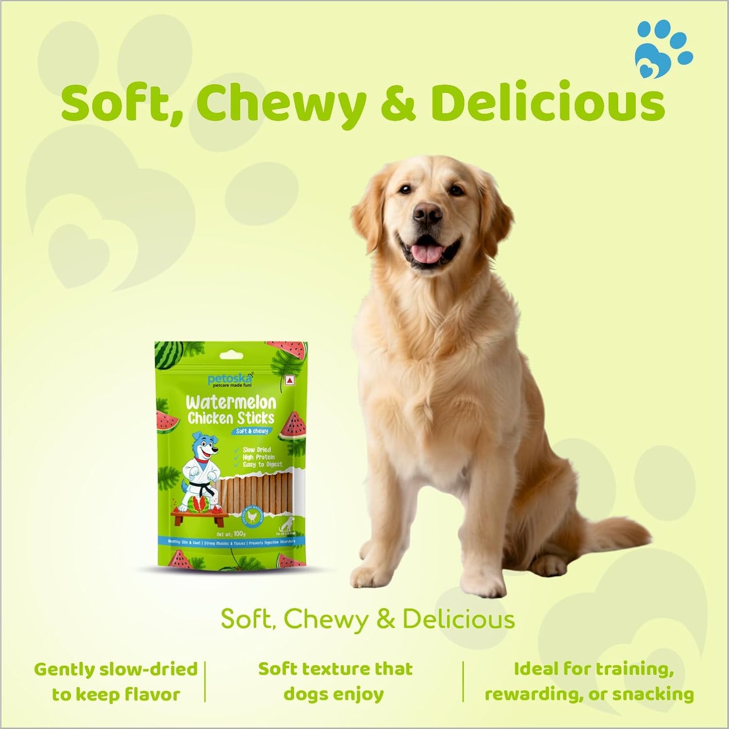 Petoska Chicken & Watermelon Dog Treats – 100 g Crunchy Chew Sticks for Puppies and Adult Dogs, Fruity Meat Snack for All Breeds
