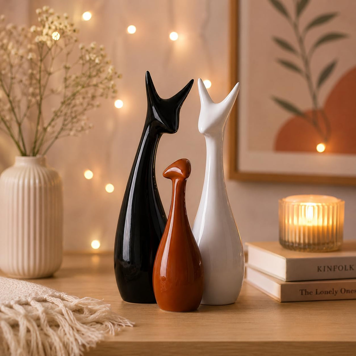 Home Decor Lucky Deer Statue Family Ceramic Figures - (Set of 3, Black,Brown,White)