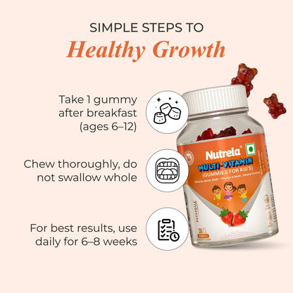 Nutrela Kids Multivitamin Gummies | Strawberry Flavour | Supports Immunity, Bone Health & Energy | 30 Gummies Pack of 2 | For Age 5+ | No Gelatin, No Artificial Colors.