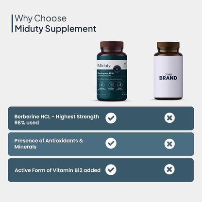Zephivo Miduty by Palak Notes Berberine HCL Triple Benefits of Blood Sugar Control, Vitamins, Minerals - Diabetic and Pre-Diabetic Care - Stop Sugar Cravings - Lower Blood Sugar levels - 60 Tablets