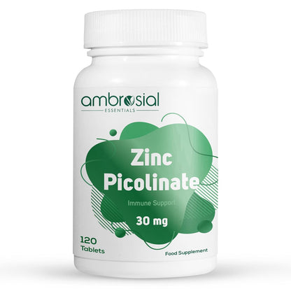 Bottle of ambrosial Zinc Picolinate supplement on a white background