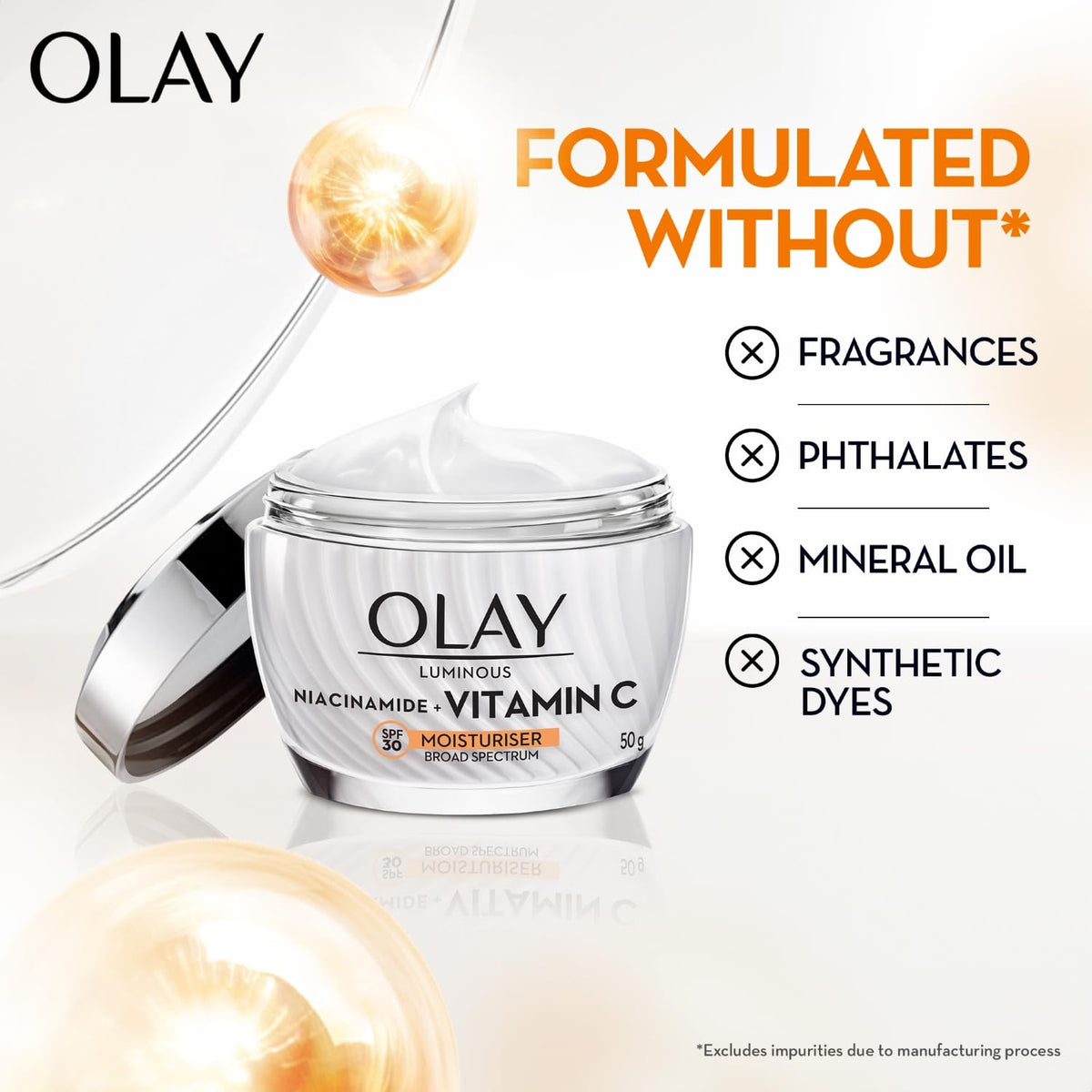 Olay moisturizer jar with ingredients list on a white background