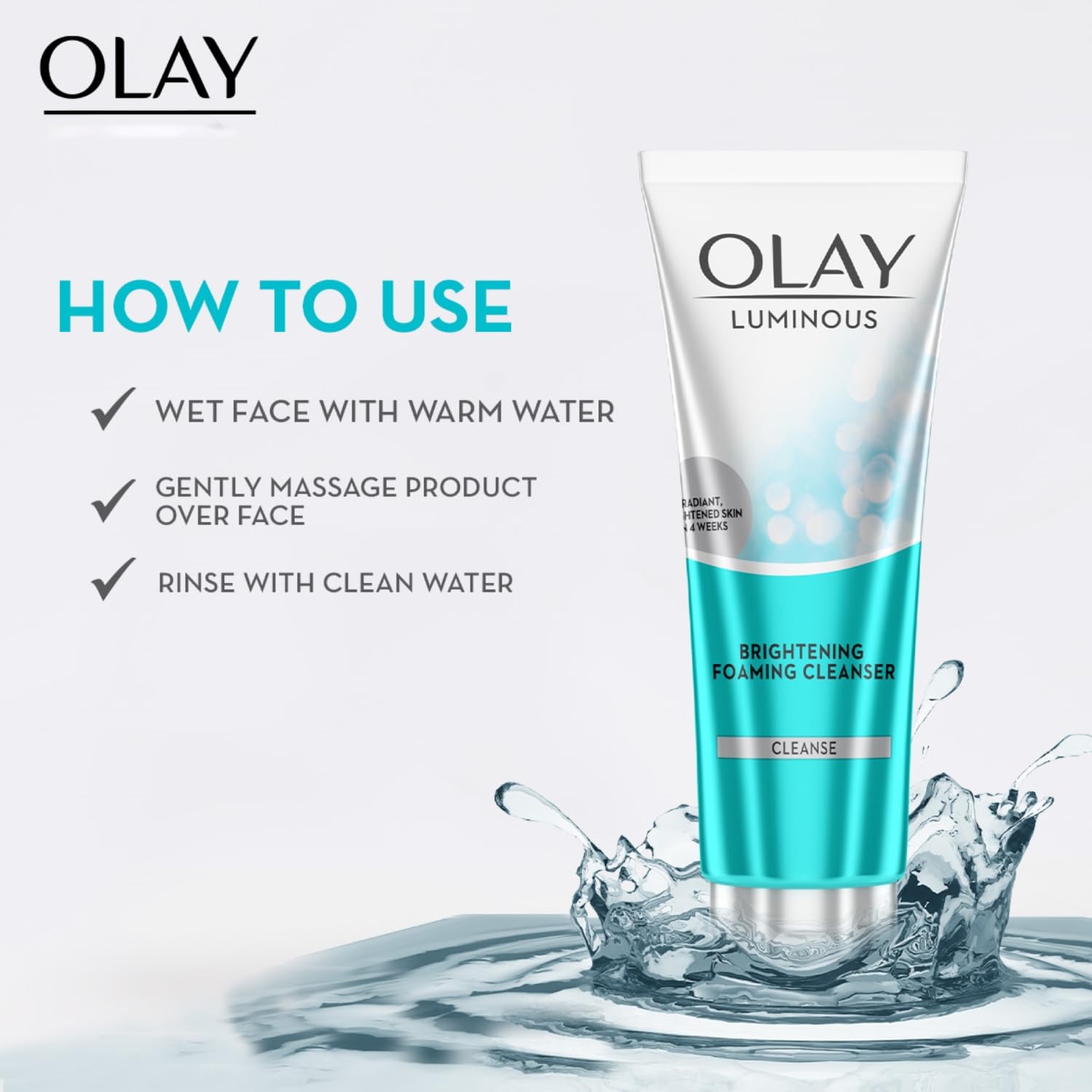 Olay Luminous Brightening Foaming Cleanser with usage instructions on a light gray background