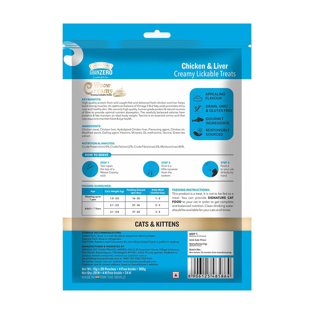 Grain Zero Creamy Lickable Cat Treats Chicken and Liver, 360 Gm - 20 Sachet + 4 Free | Rich in Protein, Promotes Hydration, No Artificial Preservatives | for Training and Bonding | for Kitten & Adult