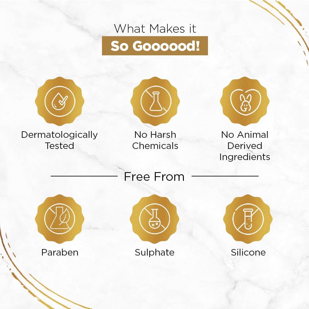 List of product benefits including dermatological testing, no harsh chemicals, no animal-derived ingredients, and being free from parabens, sulfates, and silicones on a white background.