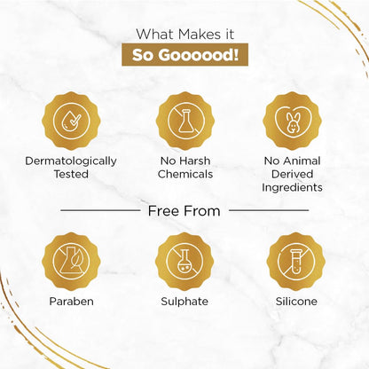 List of product benefits including dermatological testing, no harsh chemicals, no animal-derived ingredients, and being free from parabens, sulfates, and silicones on a white background.