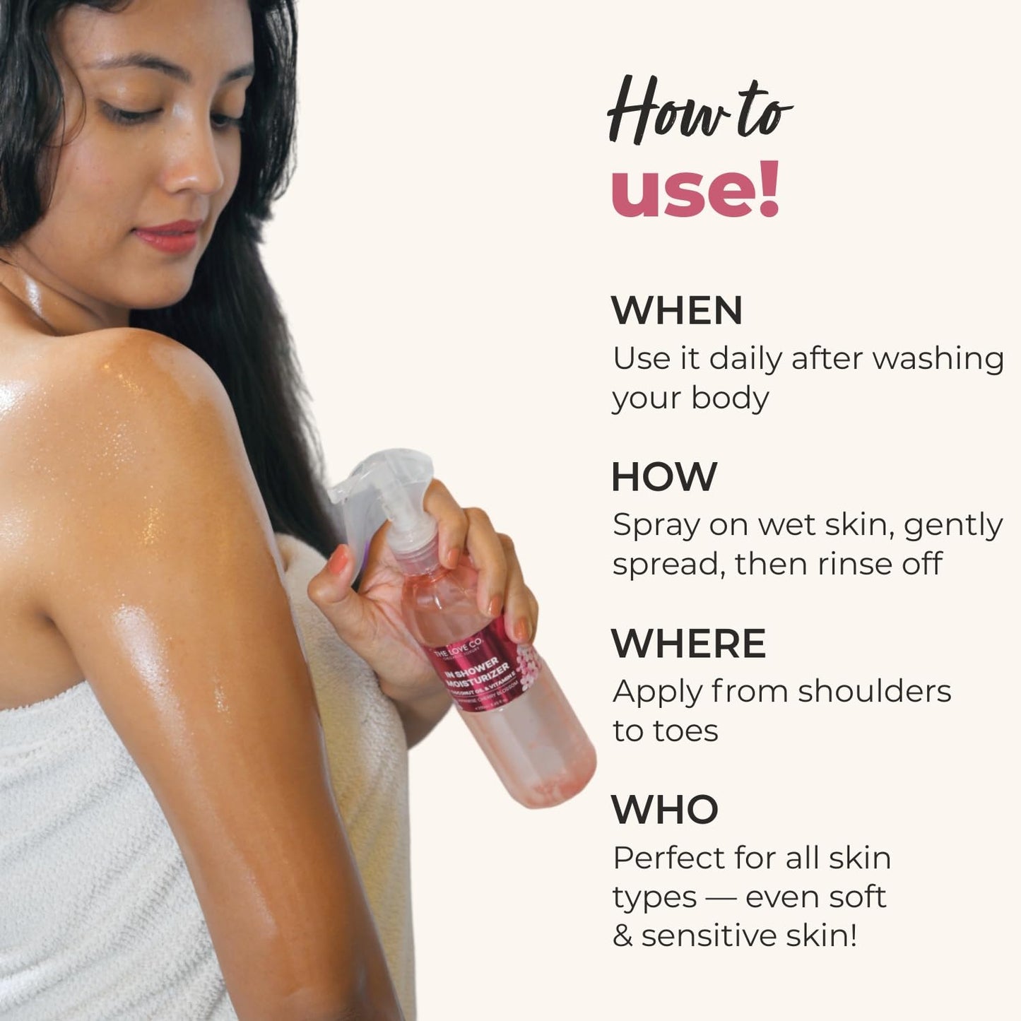 The Love Co Japanese Cherry Blossom In-Shower Moisturizer | Body Lotion-Like Hydration Spray | Fast-Absorbing, Non-Greasy Shower Moisturizer for Dry Skin | Coconut Oil & Shea Butter | 250ml