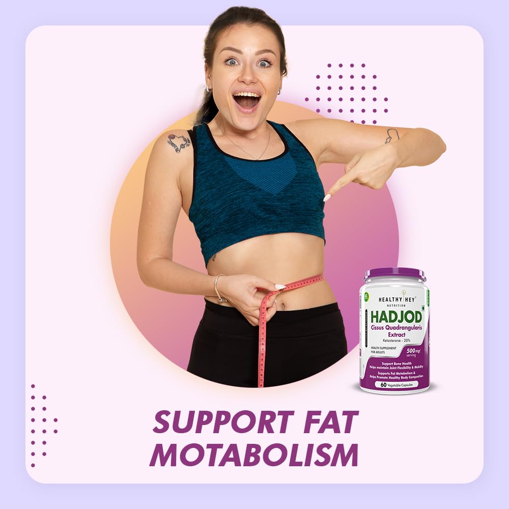 Woman pointing to a container of HADJOD supplement with text 'Support Fat Metabolism' on a light purple background