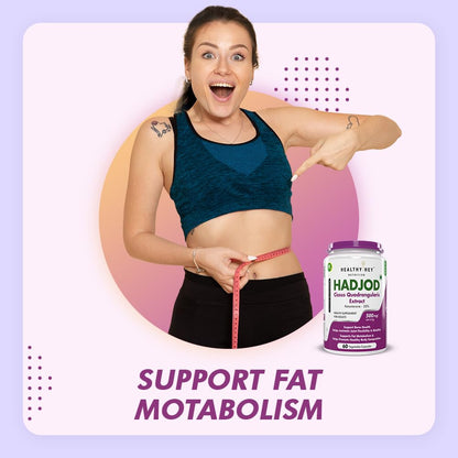 Woman pointing to a container of HADJOD supplement with text 'Support Fat Metabolism' on a light purple background