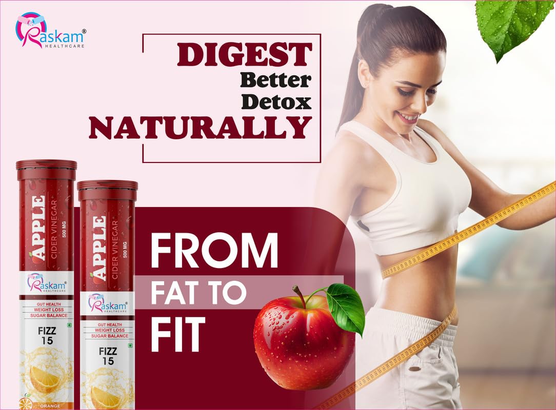 ACV Apple Cider Vinegar Effervescent Fizz 15 Tablets - For Weight Loss | Refreshing Detox & Metabolism Boost, No added Sugar (Pack of 1), Orange Flavour