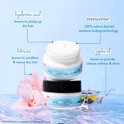 Two jars of hair care product with ingredients listed on a blue background