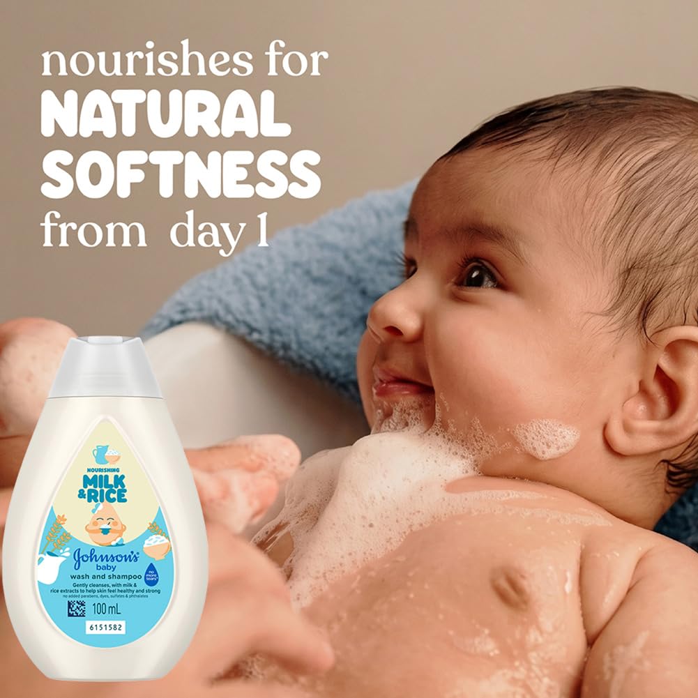 Johnson's Baby Milk & Rice Wash & Shampoo 100ml | 2-in-1 Baby Cleanser | No More Tears | Milk Protein, Rice Extracts & Multivitamins | Hypoallergenic, pH Balanced | No Parabens, Sulphates or Dyes