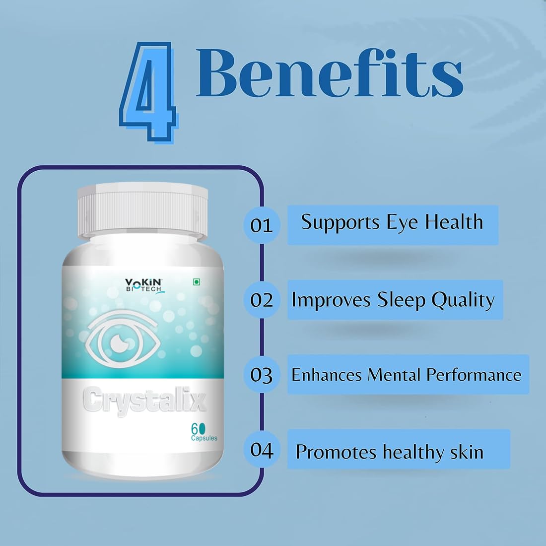 Crystalix supplement bottle with benefits listed on a blue background