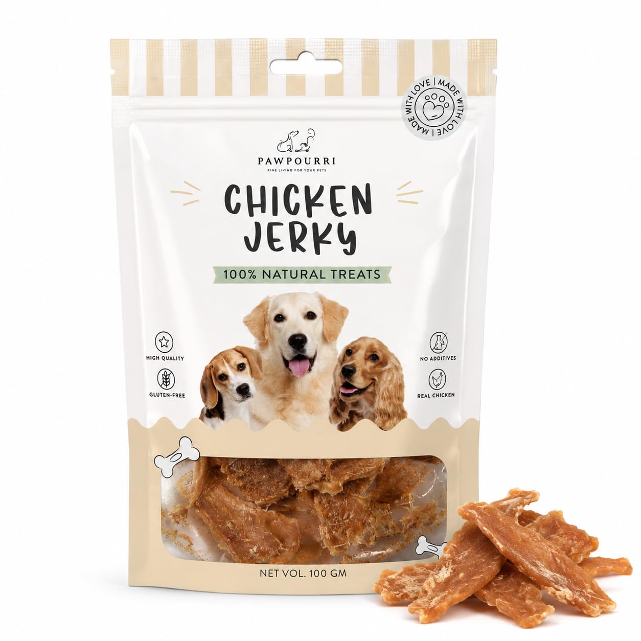 PAWPOURRI Natural Chicken Jerky Dog Treats for All Breeds & Sizes | Daily Use Dog Treats | High Protein Chewy Training & Reward Snacks (Chicken Jerky, Pack of 1) 100gm