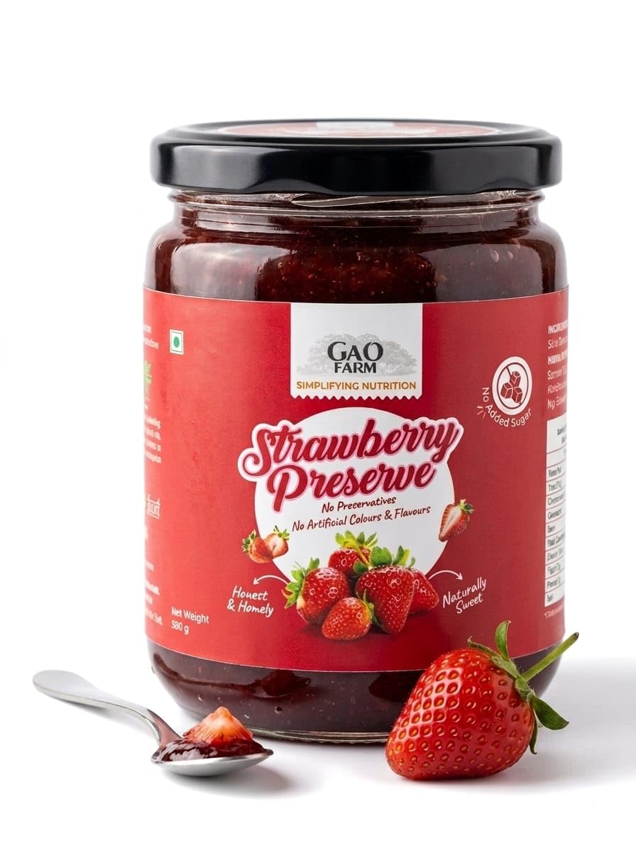 GAO FARM Natural Strawberry Jam & Preserve 580g | No Added Sugar, Vegan & Gluten Free | 100% Real Strawberries & Apple Juice | No Preservatives | Toast, Breakfast & Baking Spread (580)