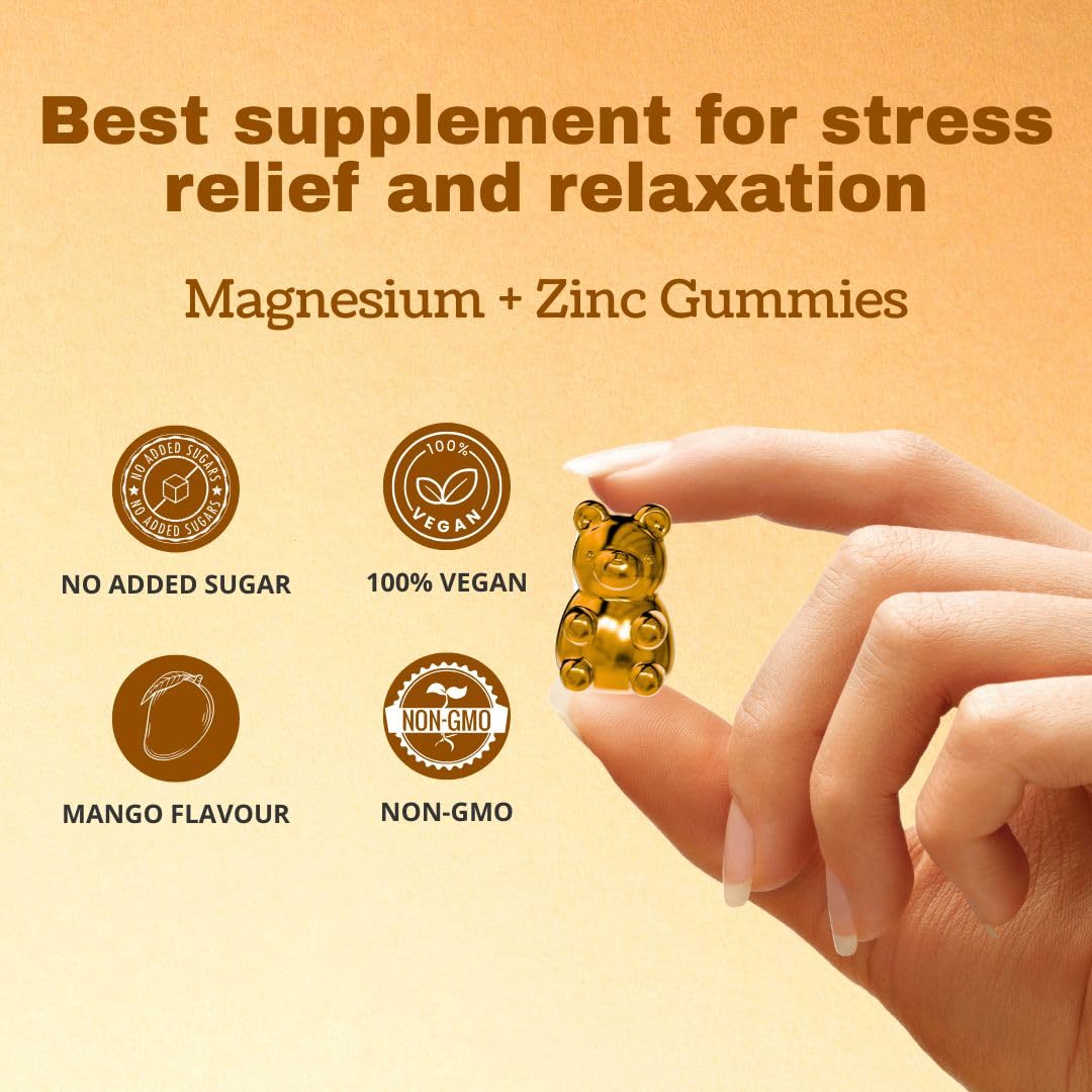 LivSpring Magnesium & Zinc Gummies | 200 mg Elemental Magnesium | Relieve Stress & Fatigue | Speeds Up Recovery for Men & Women | High Absorption | 30 Gummies in Tasty Mango Flavour | No Added Sugar | 100% Vegetarian