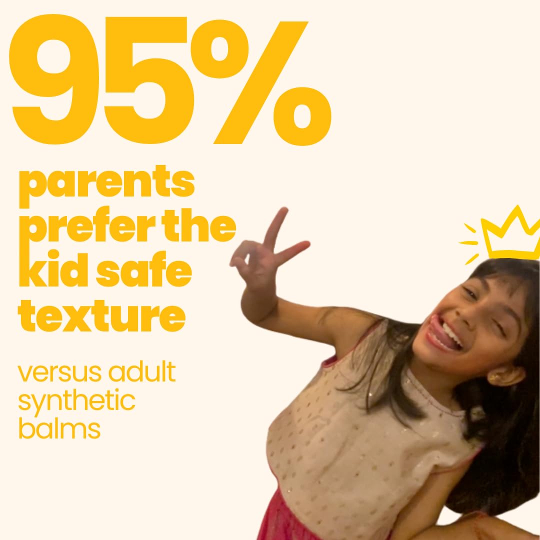 Young girl with a crown, making a peace sign, with text about parents preferring kid-safe texture balms.