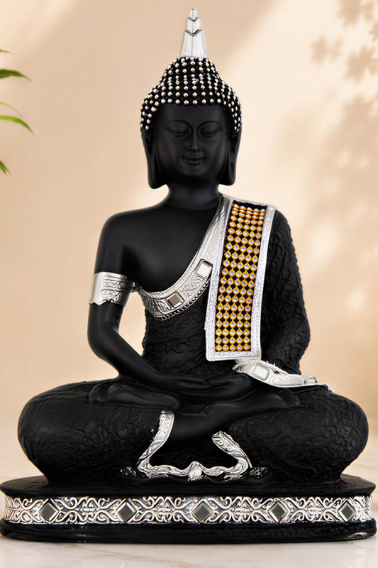 New Limited Edition 25 Centimetre Meditating Sitting Buddha Idol Statue showpiece Home Decor Decoration Items for Living Room and Gifts (Silver Black)
