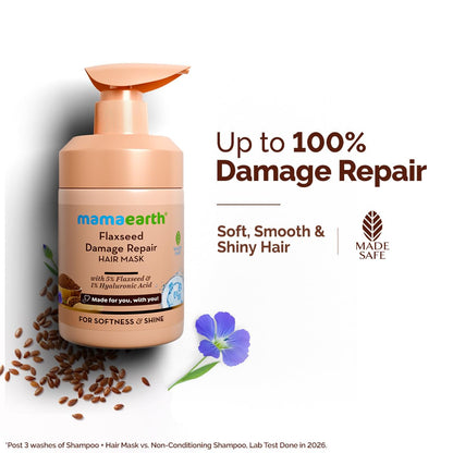 Mamaearth Flaxseed Damage Repair Hair Mask with 5% Flaxseed, 1% Hyaluronic Acid, Ceramides for Soft, Smooth, Shiny Hair - 300 ml | 100% Damage Repair | For Dry & Frizzy Hair | Sulphate & Paraben Free