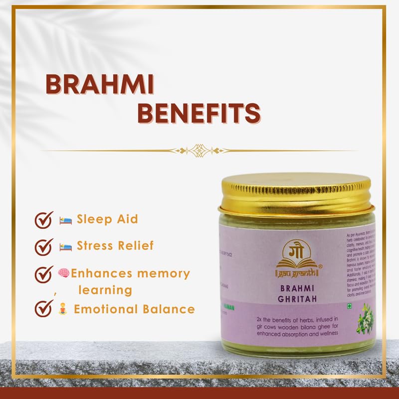 cow ved GauGranth Brahmi Gritah A2 Gir Cow Ghee – 100ml (Pack of 1) | Traditional Wooden Bilona Desi Ghee | Infused with Brahmi for Brain Health, Memory, Focus & Stress Relief | Grassfed, 100% Pure & Natural | Glass Jar Packaging