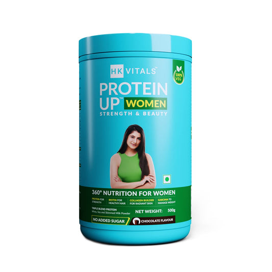 HealthKart HK Vitals ProteinUp Women (Chocolate, 500g) | Vegetarian Protein with Soy, Whey, Collagen Builder Blend, Biotin, Garcinia & Green Tea | For Strength & Beauty