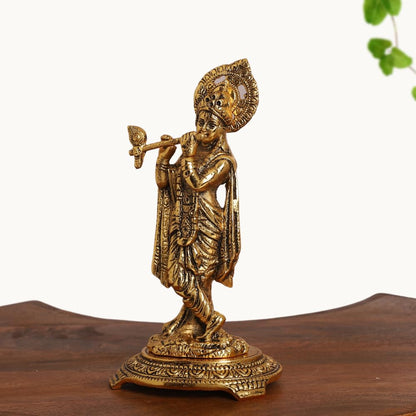 Gold Plated Lord Krishna Playing Flute Idol – Standing Pose Showpiece for Pooja, Mandir & Home Décor
