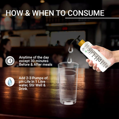 Hand pouring a liquid into a glass with text on how to consume pH-Life product.