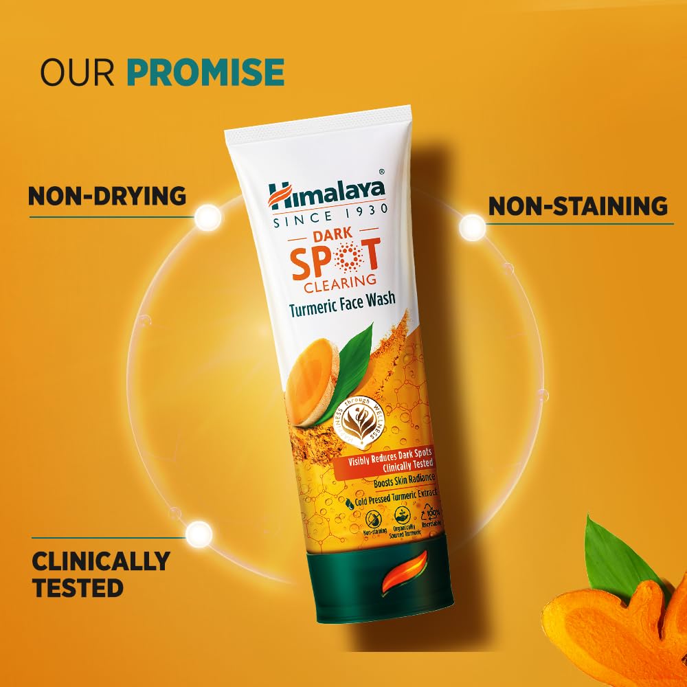 Himalaya Dark Spot Clearing Turmeric Face Wash tube on a yellow background with text highlighting promises.