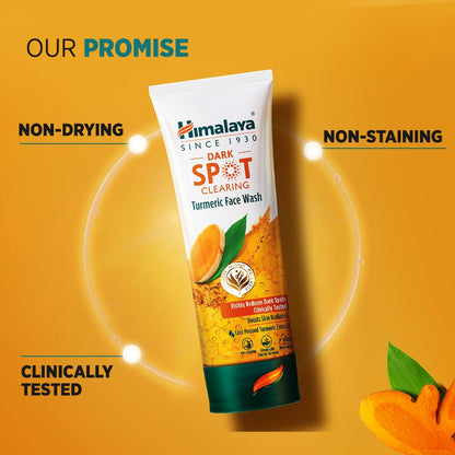 Himalaya Dark Spot Clearing Turmeric Face Wash tube on a yellow background with text highlighting promises.