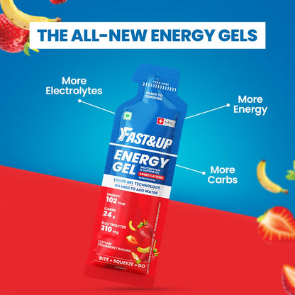 Fast&Up Energy Gel- Strawberry Banana flavour (Caffeinated) - Pack of 6 Gel Sachets, 39g per sachet- For Instant energy boost, Improved endurance and performance